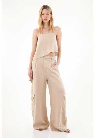 Pantalón Wide Leg En 100% Lino Café Para Mujer Tennis