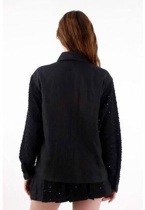 Tennis Camisa Con Detalles De Lentejuelas Y Lino Negra Para Mujer