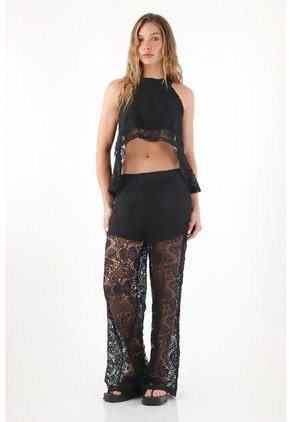 Tennis Pantalón Recto En Encaje Negro Para Mujer