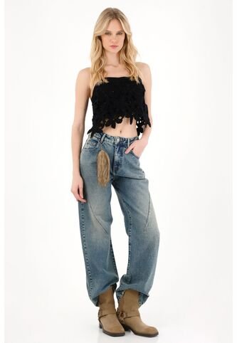 Tennis Camisa Crop Con Bordado De Flores Negra Para Mujer Tennis