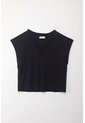 Tennis Camiseta Manga Sisa Negra Con Acabado Acanalado Para Mujer de Tennis