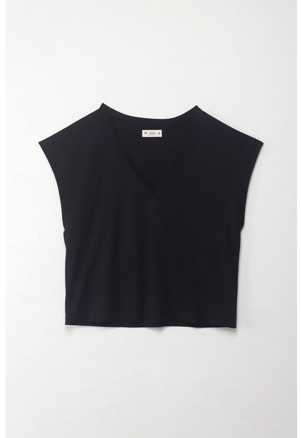 Tennis Camiseta Manga Sisa Negra Con Acabado Acanalado Para Mujer