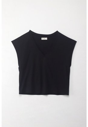 Tennis Camiseta Manga Sisa Negra Con Acabado Acanalado Para Mujer