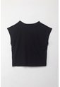Tennis Camiseta Manga Sisa Negra Con Acabado Acanalado Para Mujer de Tennis