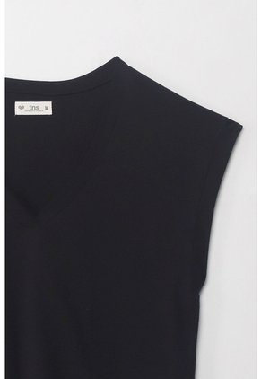 Tennis Camiseta Manga Sisa Negra Con Acabado Acanalado Para Mujer