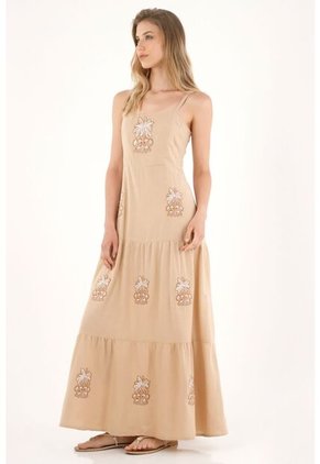 Tennis Vestido Largo Con Vuelo Y Apliques Bordados Crudo Para Mujer