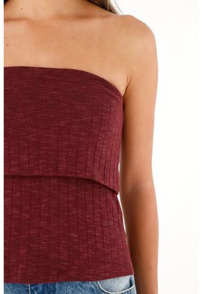 Camiseta Strapless Roja Con Escote Elástico Para Mujer