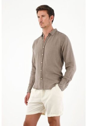 Camisa Café 100% Lino Para Hombre