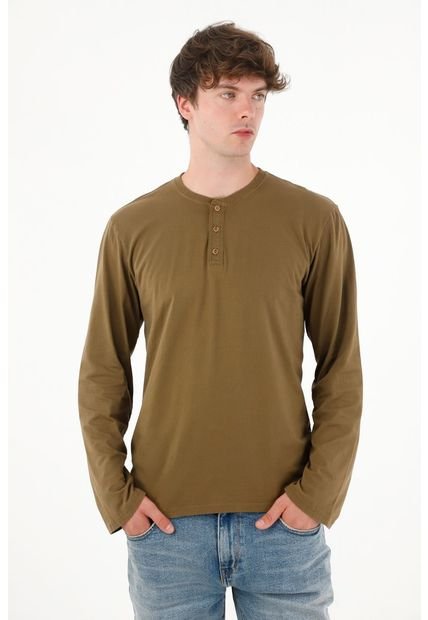 Camiseta Manga Larga Con Botones Café Para Hombre