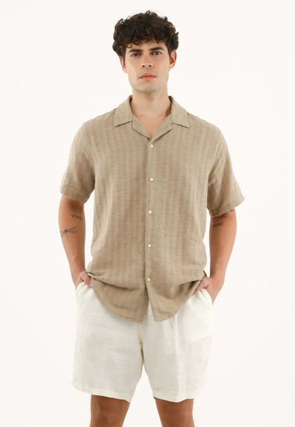 Camisa Café Tipo Bowling Manga Corta Para Hombre