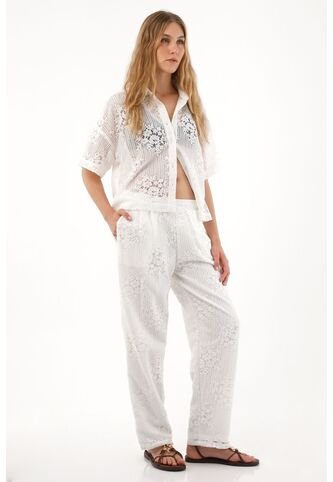 Tennis Pantalón Recto En Tela Bordada Crudo Para Mujer Tennis