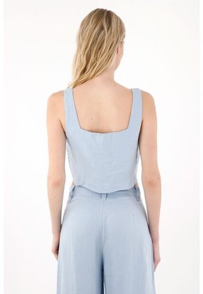 Tennis Chaleco En 100% Lino Crop Azul Para Mujer