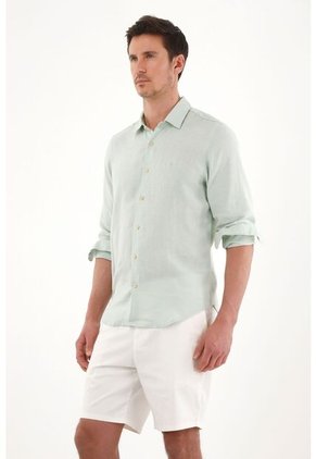 Tennis Camisa En 100% Lino Con Bordado Verde Para Hombre
