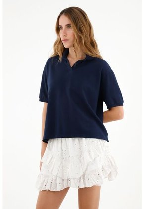 Camiseta Azul Tipo Polo Para Mujer