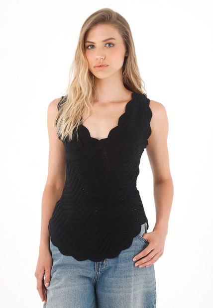 Camisa Negra Tejida Diseño Cruzado Para Mujer