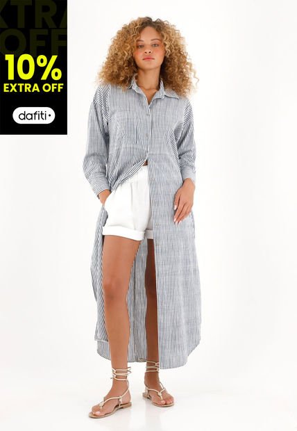 Camisa Azul Manga Larga Con Estampado A Rayas Para Mujer