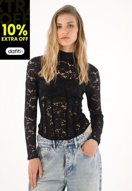 Camiseta Manga Larga En Encaje Para Mujer