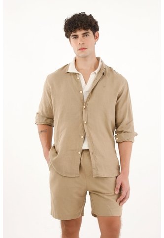 Camisa Café Manga Larga 100% Lino Para Hombre Tennis