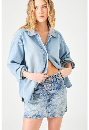 Tennis Falda Mini Recta Con Estampado Desgastado En Denim De Algodón Azul Para Mujer