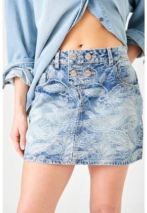Tennis Falda Mini Recta Con Estampado Desgastado En Denim De Algodón Azul Para Mujer