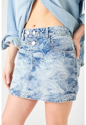Tennis Falda Mini Recta Con Estampado Desgastado En Denim De Algodón Azul Para Mujer