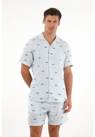Tennis Camisa Azul Con Bordado De Peces Para Hombre Tennis
