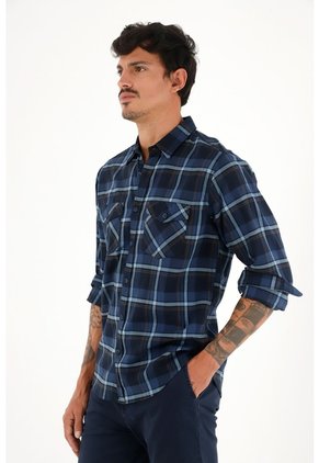 Tennis Camisa Leñadora Con Botones En Madera Azul De Ajuste Cómodo Para Hombre