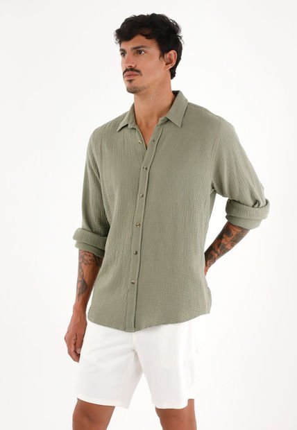 Camisa Verde Manga Larga Para Hombre