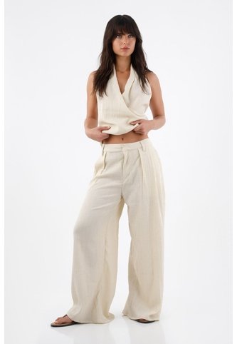 Tennis Pantalón Para Mujer De Poliéster Beige Wide Leg Con Textura Arrugada Tennis