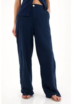 Tennis Pantalón Recto Con Detalles Bordados Azul Para Mujer