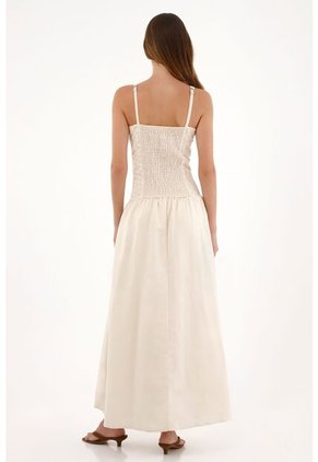Tennis Vestido Largo Tipo Lino Con Tela Tejida Crudo Para Mujer