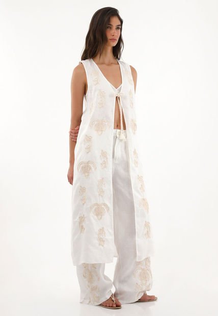 Kimono Con Manualidad Bordada En 100% Lino Para Mujer