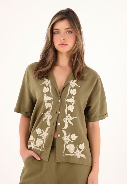 Camisa Tipo Bowling Con Detalles Imitación Bordado Para Mujer