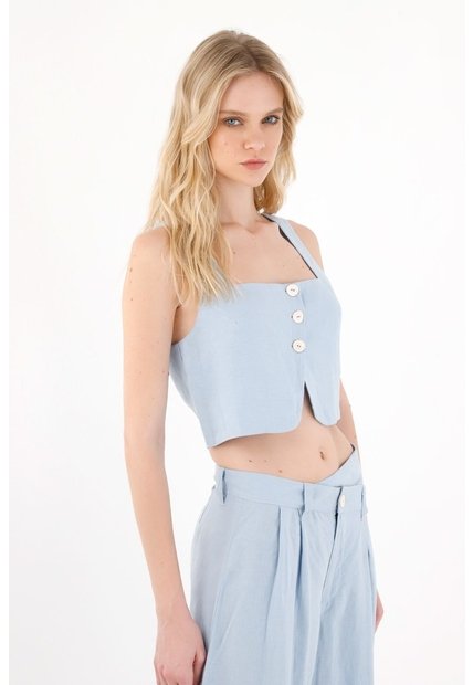 Tennis Chaleco En 100% Lino Crop Azul Para Mujer