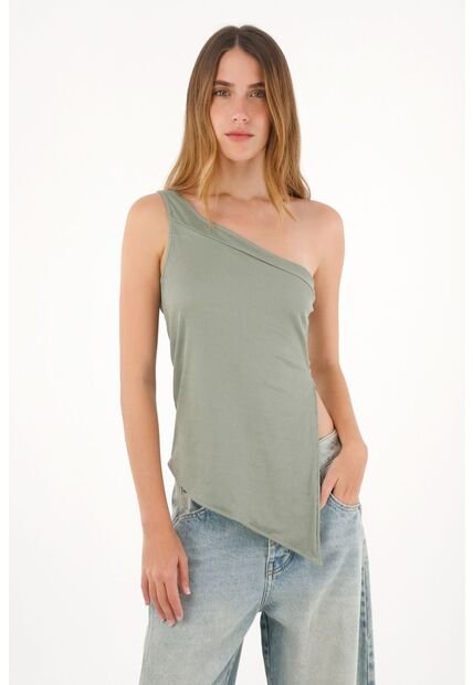 Tennis Camiseta En Rib De Un Solo Hombro Verde Para Mujer