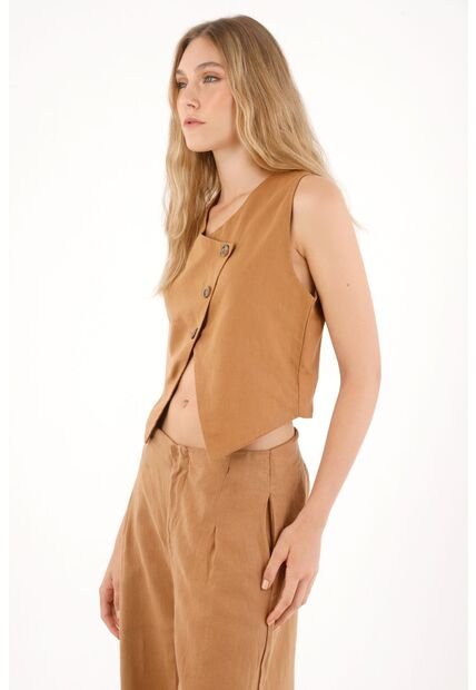 Tennis Chaleco En 100% Lino De Diseño Cruzado Café Para Mujer