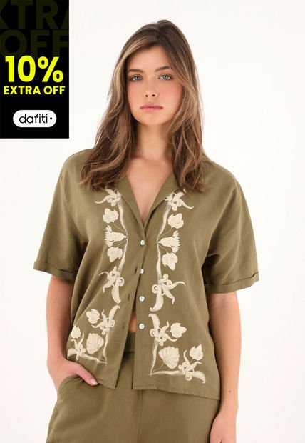 Camisa Tipo Bowling Con Detalles Imitación Bordado Para Mujer