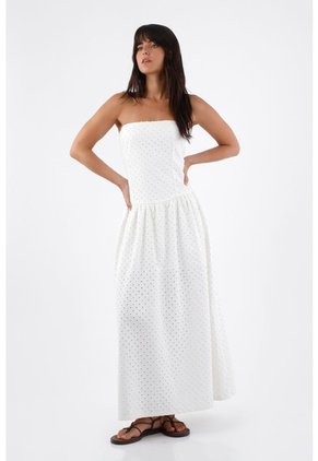 Tennis Vestido Para Mujer Algodón Blanco Midi Sin Tirantes Con Ojalillo