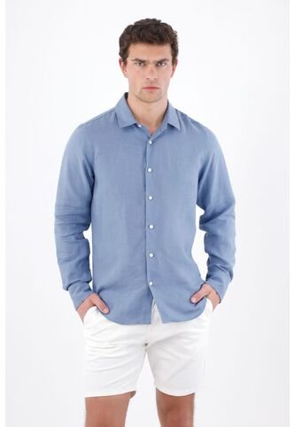 Tennis Camisa Regular Fit Con Botones Blancos En Lino Azul Para Hombre Tennis