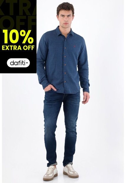 Tennis Camisa Manga Larga Regular Fit Con Micro Estampado En Algodón Azul Para Hombre
