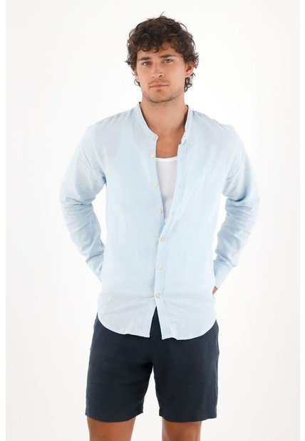 Tennis Camisa En 100% Lino Azul Con Detalle Fruncido Para Hombre