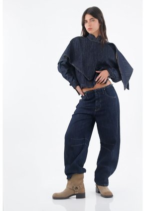 Tennis Jean Para Mujer En Denim Azul Oscuro Fit Holgado Con Cintura Desflecada