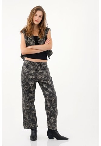 Tennis Jeans Recto De Tiro Medio Con Estampado Floral En Algodón Negro Para Mujer. Tennis
