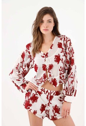 Tennis Camisa Fit Relajado Con Malla Floral En Poliéster Blanco Con Flores Rojas Para Mujer