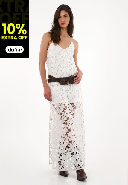 Vestido Largo Tejido Con Aberturas Crudo Para Mujer