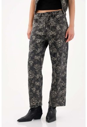 Tennis Jeans Recto De Tiro Medio Con Estampado Floral En Algodón Negro Para Mujer.