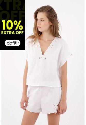Tennis Camisa Relajada Con Escote V Calado De Algodón Blanco Para Mujer Tennis