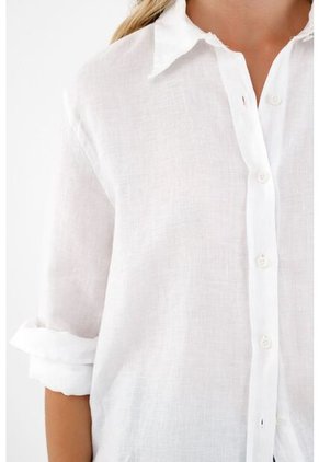 Tennis Camisa 100% Lino Manga Larga Blanca Para Mujer