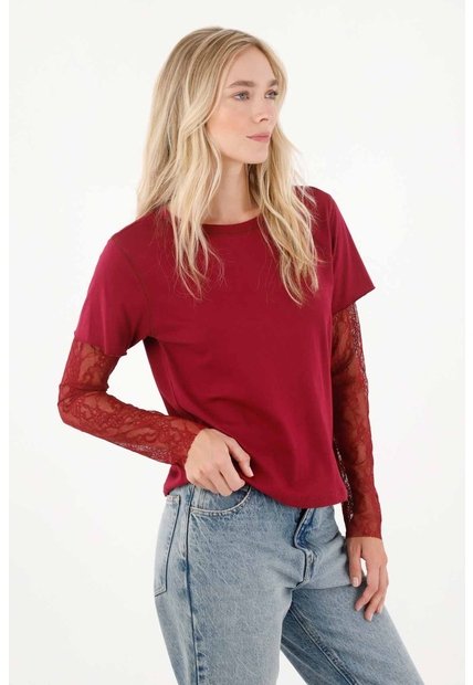 Tennis Camiseta Para Mujer En Algodón Rojo Fit Relajado Con Encaje