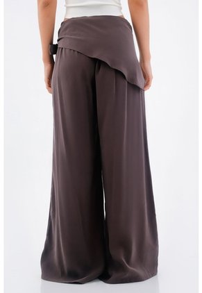 Tennis Pantalón Para Mujer De Tejido Fluido Marrón Palazzo Con Cintura Cruzada